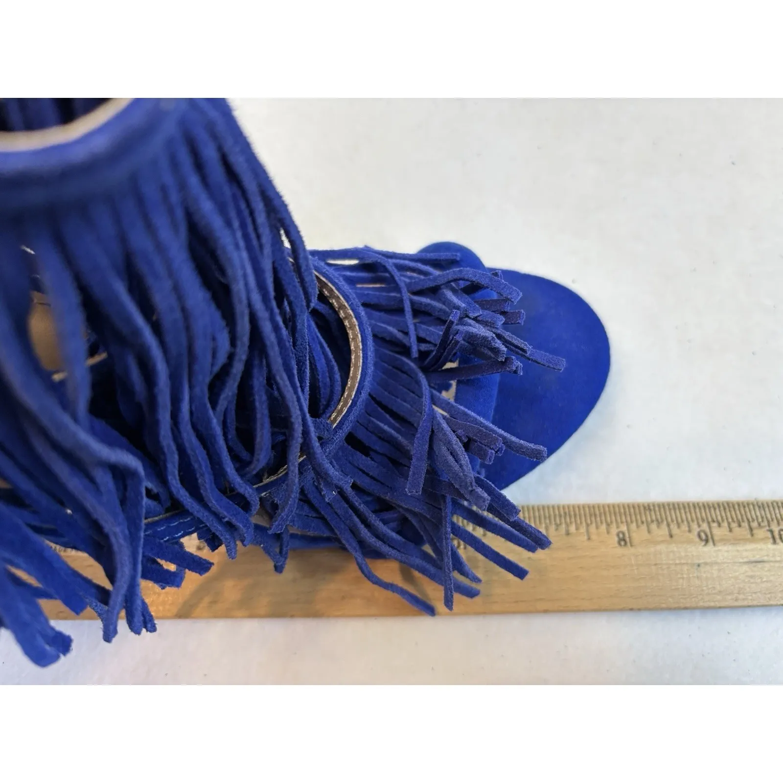 Candies Blue Strap Fringe Suede Heels Zip Back Size‎ 8 Open Toe Ultra High 5" - Image 7