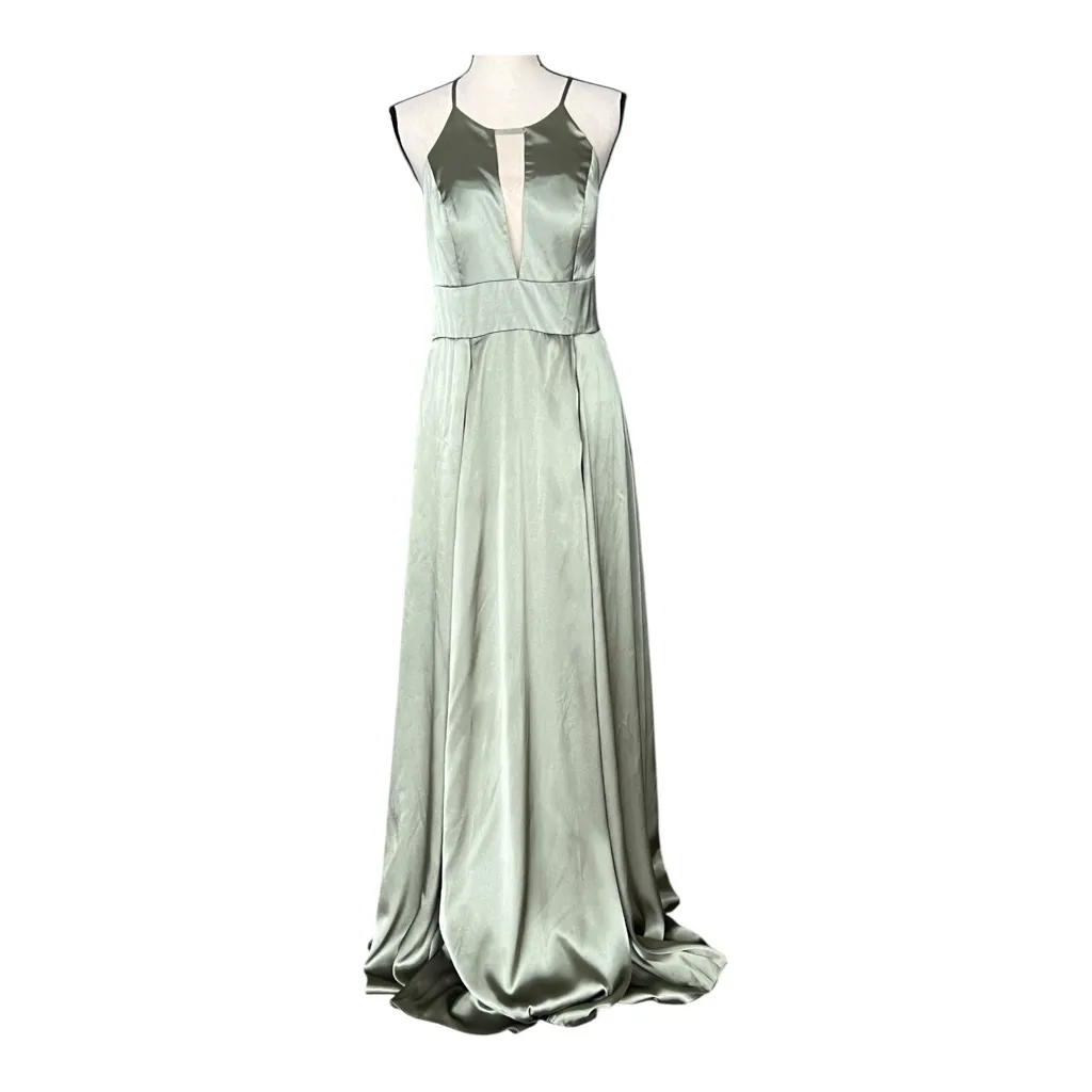 Galina Signature Charmeuse Keyhole Criscross Satin Plunge Halter Gown Size 10 Green - Image 2