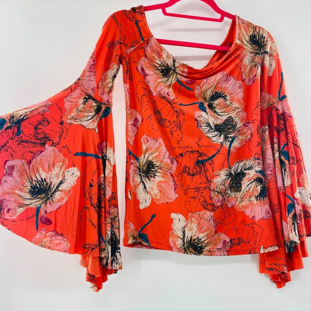 Free People Birds of Paradise Floral Print Off Shoulder Bell Sleeve Top Size S - Image 7