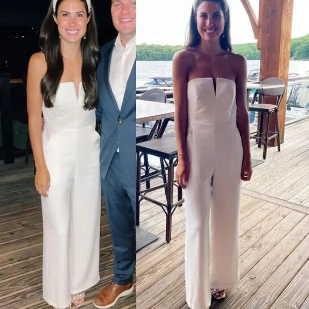 Dessy Collection Strapless Notch Crepe Jumpsuit Ivory White 3066 Wide Leg 10 - Image 4