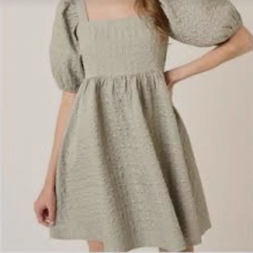 Mittoshop sage large puff sleeve bohemian mini babydoll dress with pockets NWT L - Image 3