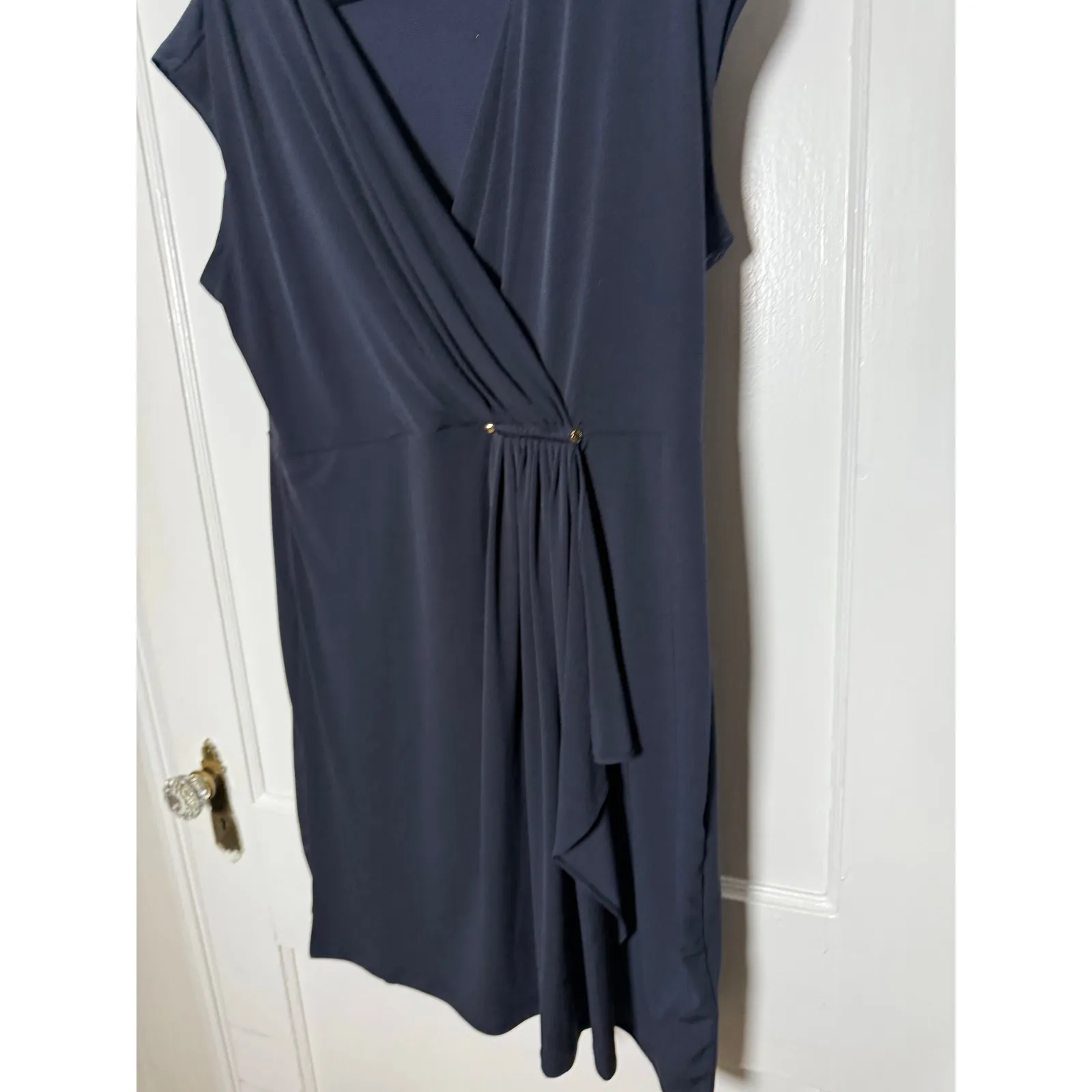 Michael Kors Navy Blue Faux Wrap Slinky Cap Sleeve Stretch Dress Women's XL - Image 3