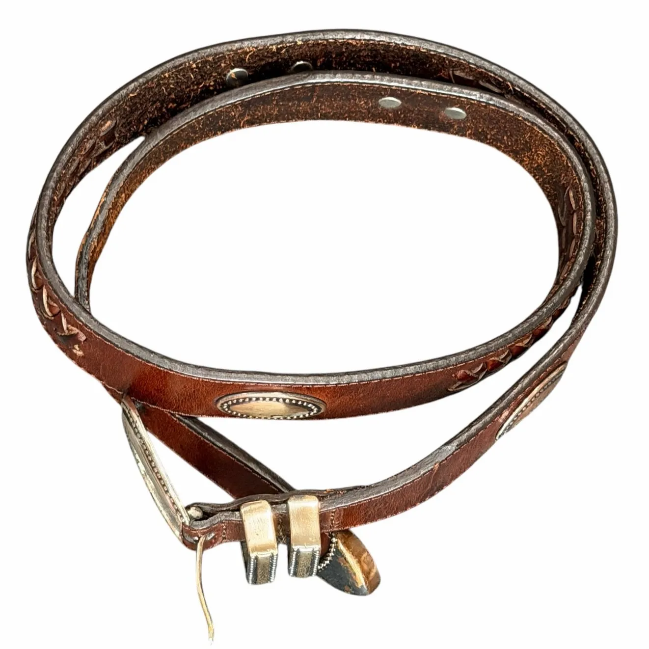 Vintage Latigo Leather Belt 34 Brown Antique Silver Concho Patina Braid Western - Image 2