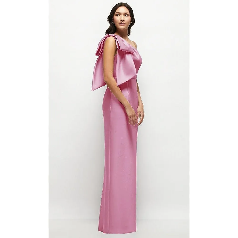 Alfred Sung Oversized Bow One-Shoulder Satin Column Maxi Dress In Powder Pink - Image 6