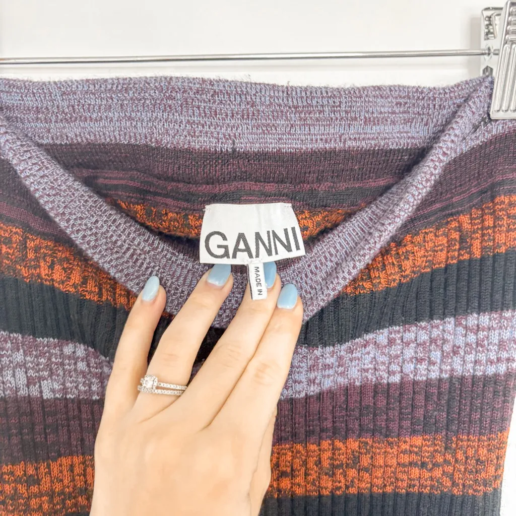 GANNI Striped Merino Rib Cropped Cardigan Maxi Skirt Set - Image 9