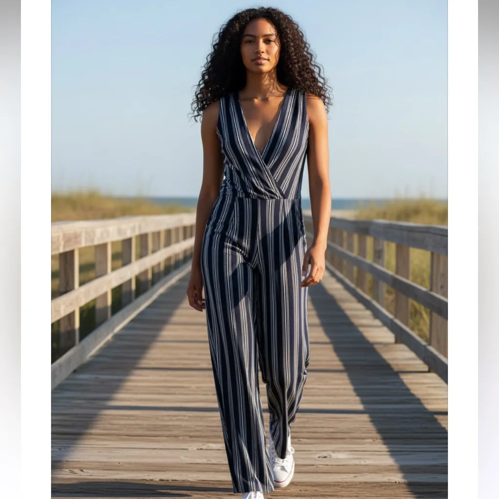 Monteau Navy and White Striped Jumpsuit - Image 2