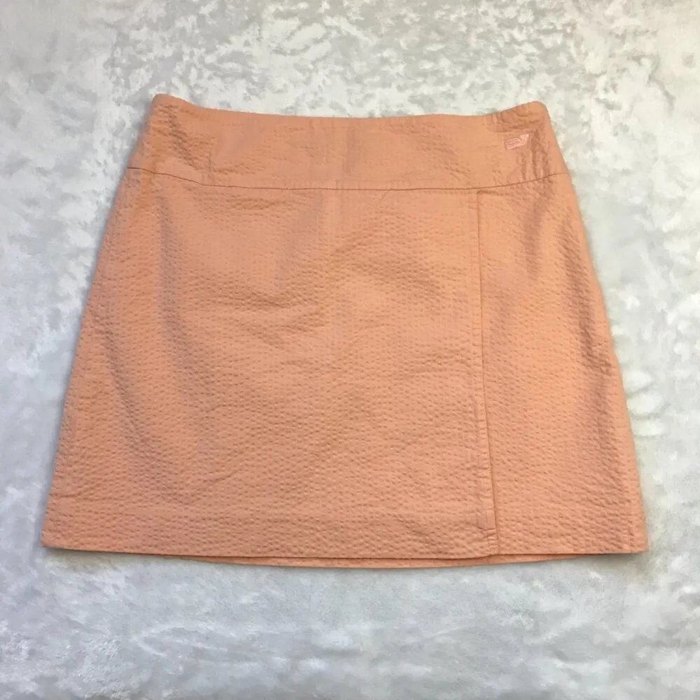 Vineyard Vines Faux Wrap Seersucker Mini Skirt Women's Size 4 Peach Cotton Lined - Image 9