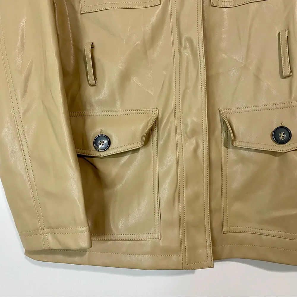 Topshop Women’s Long Sleeve Faux Leather Jacket Tan Size 4 FLAW - Image 3