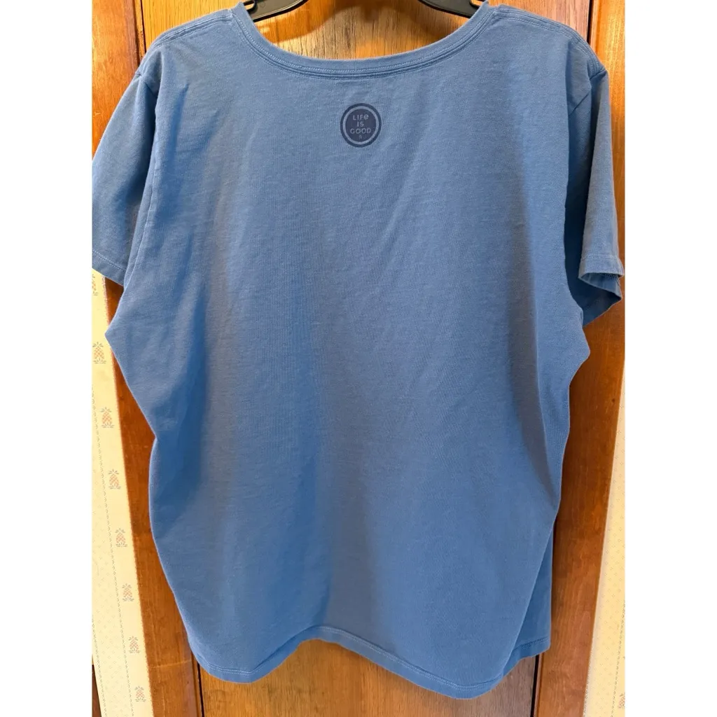 Women's Life Is Good Blue T-Shirt with Flag Heart - Image 2