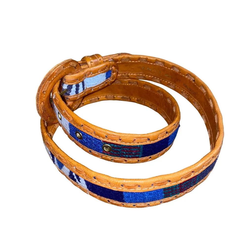 Stitched woven Genuine Leather retro boho indie Print Belt medium brown/blue - Image 41