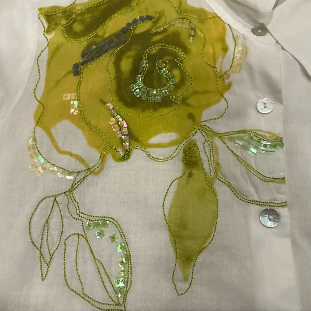 Susan Bristol women’s button up shirt long sleeve white cotton flower embroider - Image 8