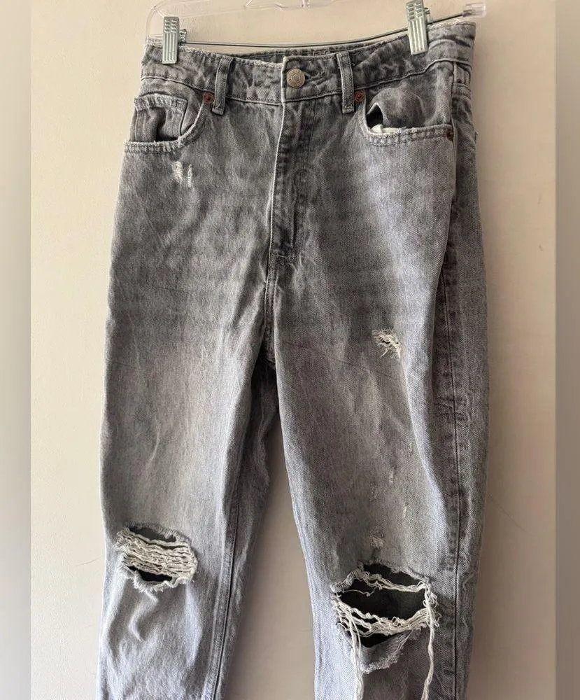 Zara High Waist Gray Washed Distressed Mom Jean - Image 2