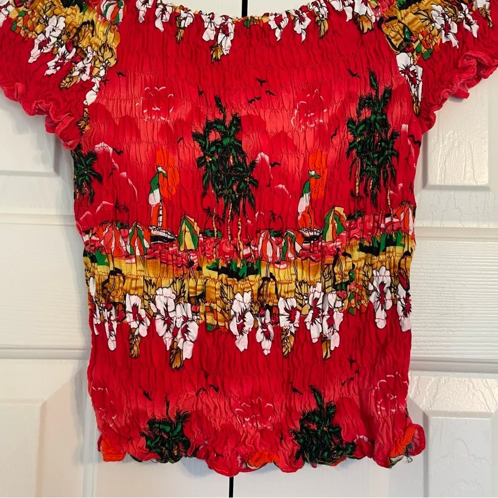 Vtg Y2K Hawaiian Tropical Smocked Crop Top Sz Small Red Beach - Image 3