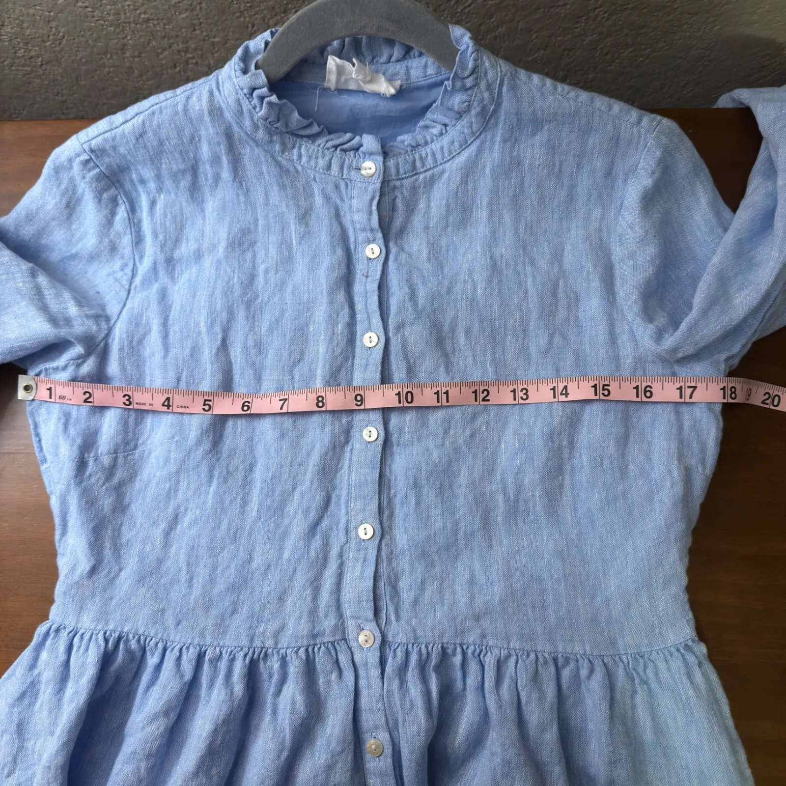 Alice Walk Linen Tiered Ruffle Neck Button Front Shirt Dress Light Blue Size S - Image 3