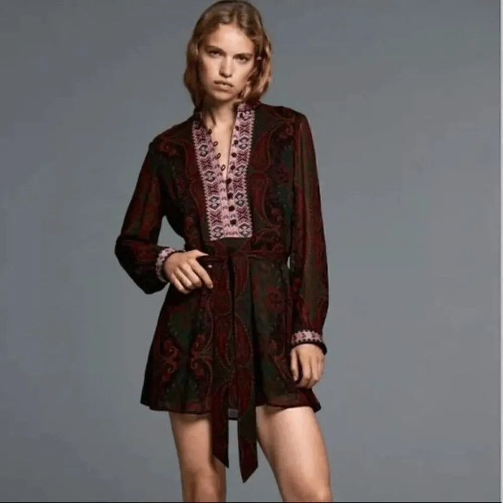 ZARA Deep Burgundy Green Boho Jacquard Long Sleeve Ribbon Tie Dress L NWT - Image 10
