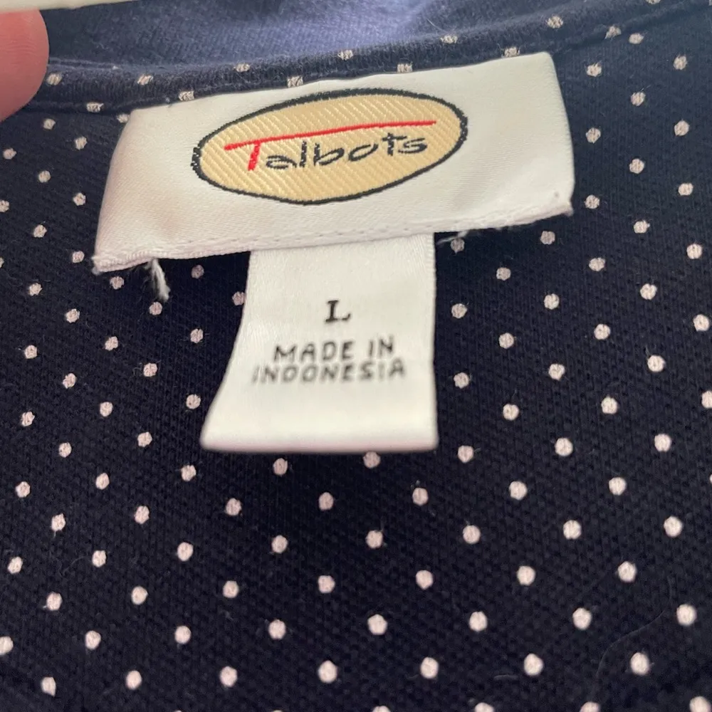 Vtg GUC Talbots Womens L Cotton Polo Dress Navy Mini White Polka Dots Preppy - Image 3