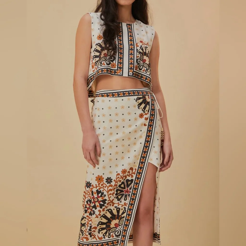 Farm Rio Flower Fan Tapestry Off White Cropped Top and Wrap Skirt - Image 4