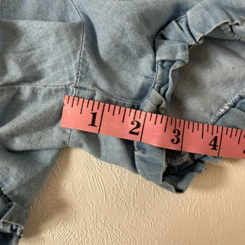 Hot Topic Denim Overall Romper Shorts Women’s Size 2 Mushroom Embroidered Cottag - Image 9