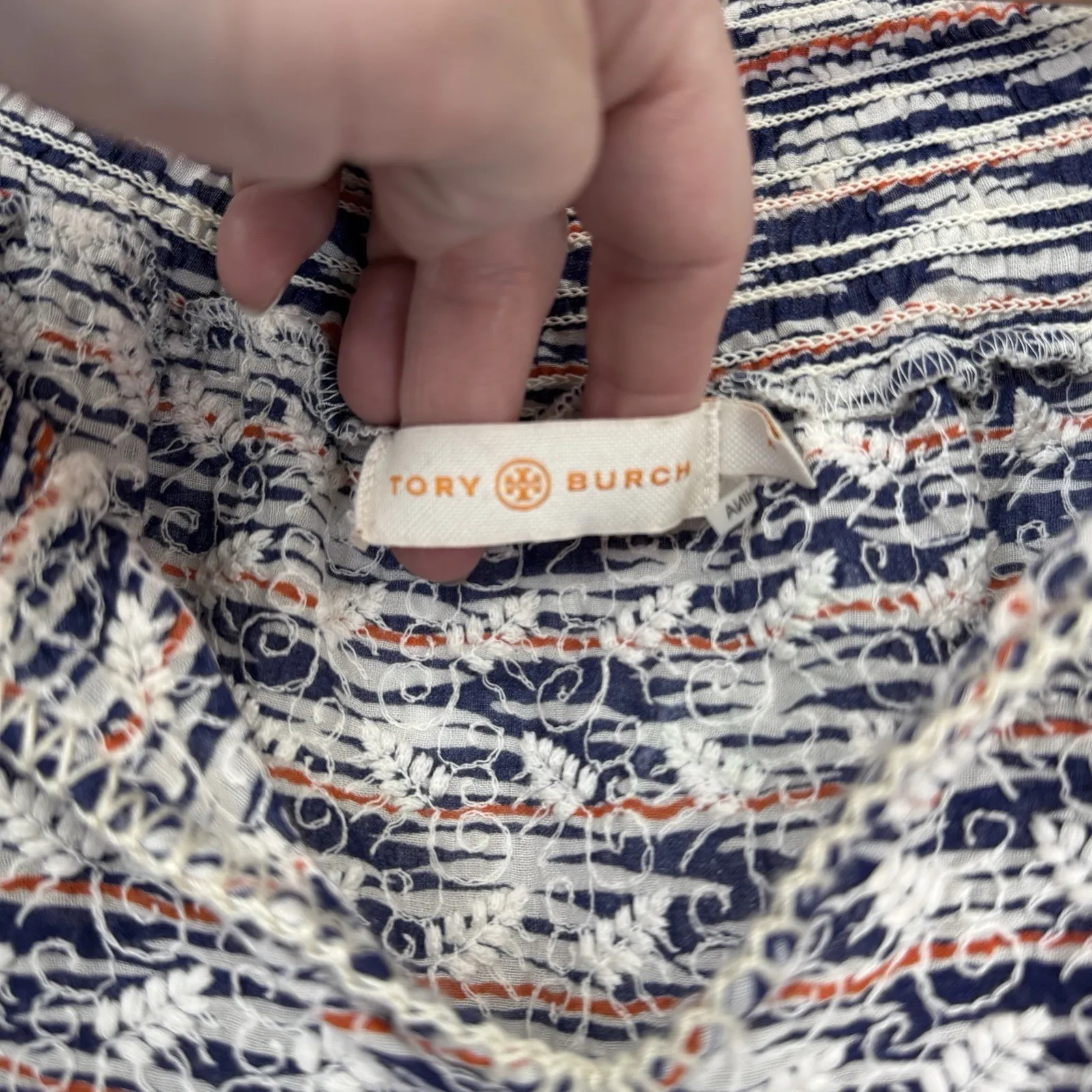 Tory Burch Nadia Peasant Top Womens 4 Blue White Orange Embroidered Tassels - Image 7