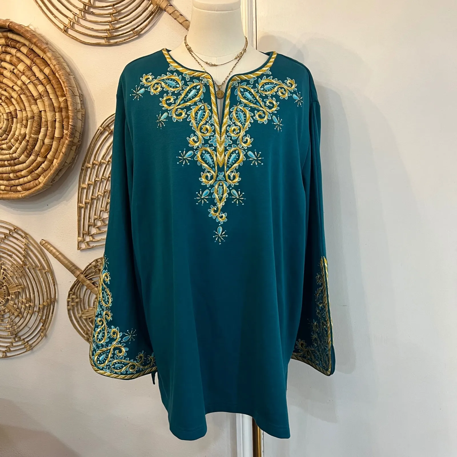 Bob Mackie Wearable Art Teal Gold Embroidered Boho Resort Luxe Tunic Top 3X - Image 3