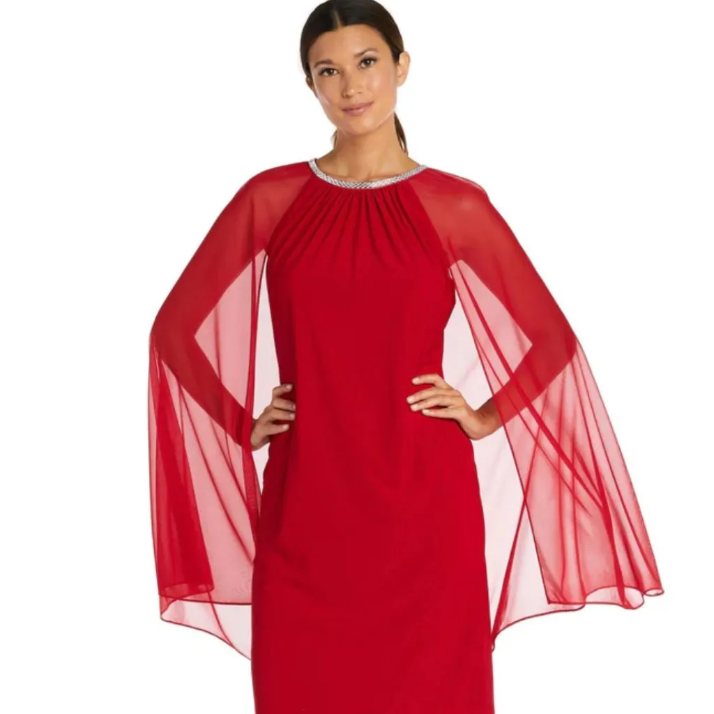 NWT R&M Richards Red chiffon Cap Sleeve Dess Rhinestone Neckline Trim SZ-10P - Image 4