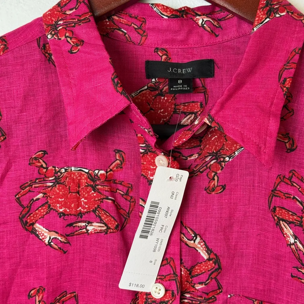 J Crew 100% linen NWT $118 Classic-Fit Boy Shirt in Ratti King Crab Print SZ 8 - Image 4