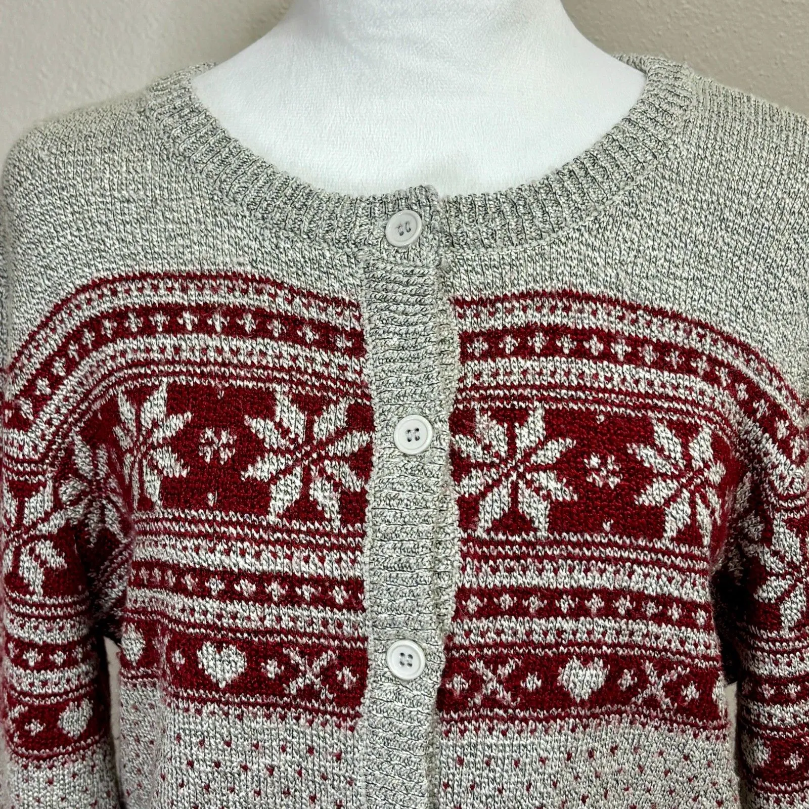 Great Northwest Clothing Co Button Up Cardigan Fair Isle Women’s M Gray Burgundy Red Size M - Image 2