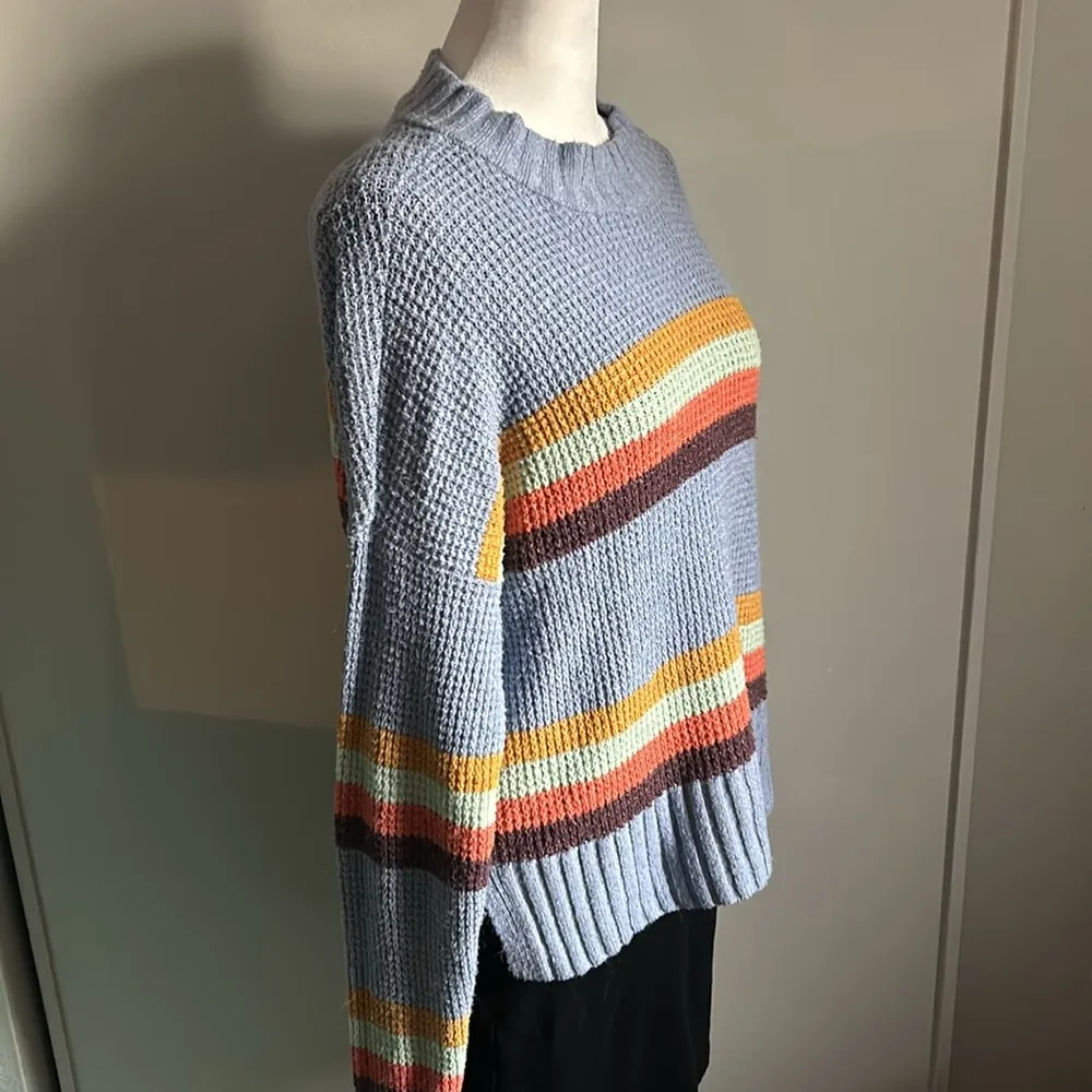 SO Women’s Oversized Fuzzy Waffle Knit Mock Neck Cozy Striped Sweater - Image 2