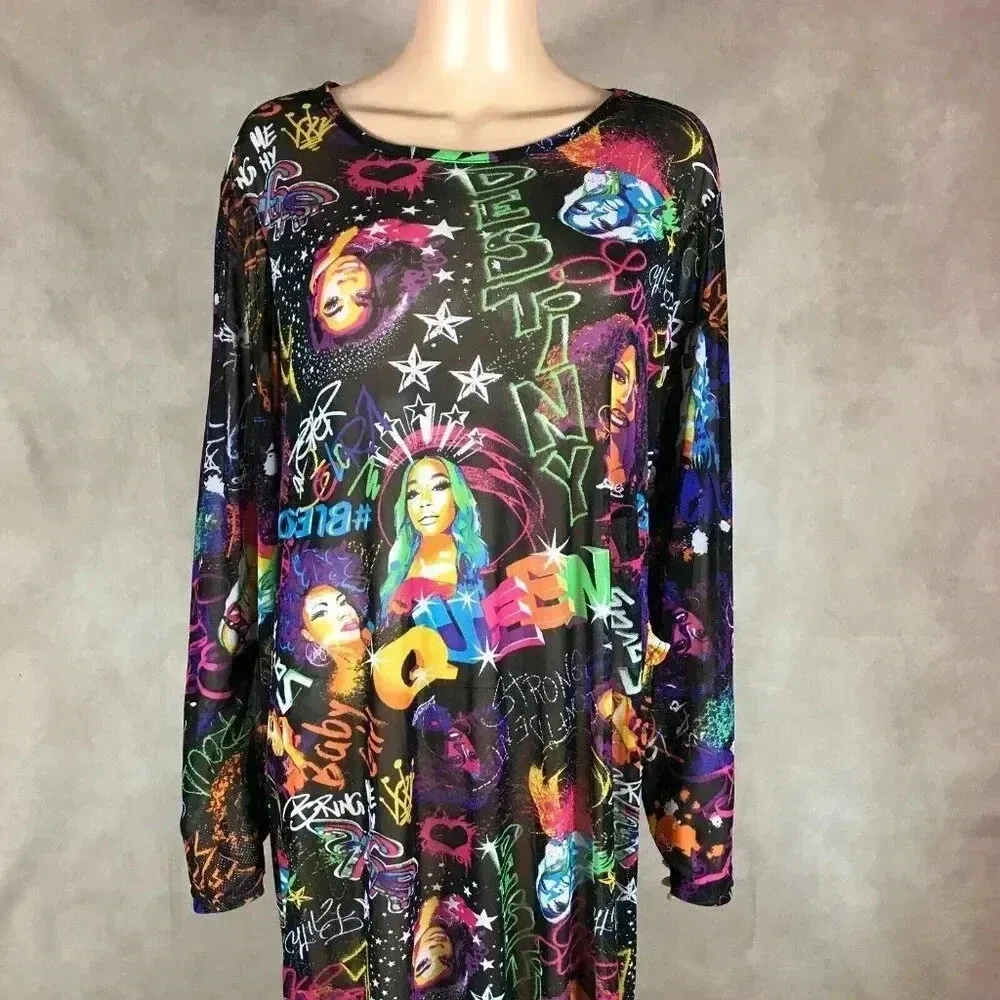 Graffiti Printed Sheer Mesh Maxi Dress Black Size undefined - Image 2