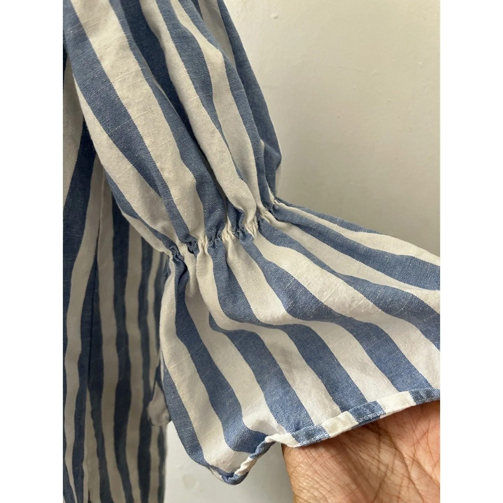 Ecru Lab Cotton Small Blue White Stripe Off The Shoulder Mini Dress Bell Sleeve - Image 5