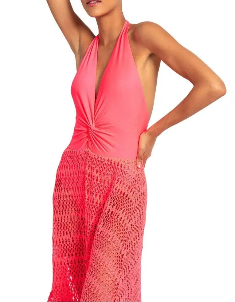 PATBO Crochet Beach Dress Halterneck Neon Coral Resort Influencer Medium NWT - Image 12