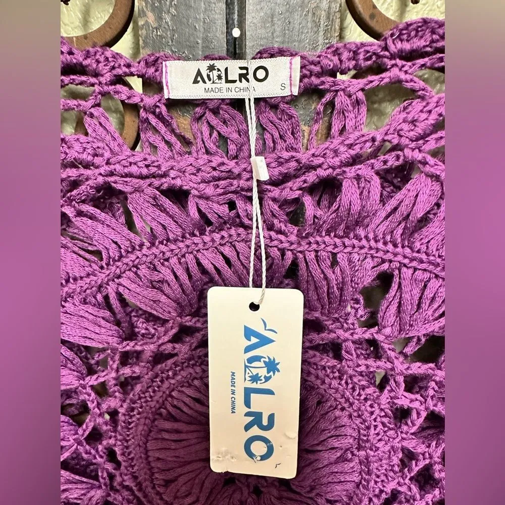 Aolro purple crochet tassel beach cover up dress - Image 4
