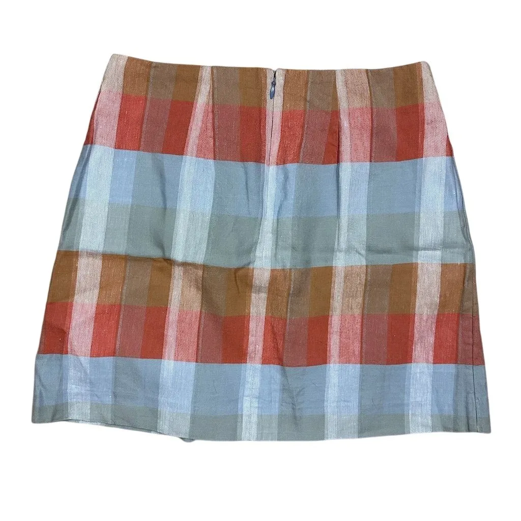 NWT Madewell Women's Sz 4 Single-Pleat Linen Mini Skirt Blue Orange Plaid Preppy - Image 8