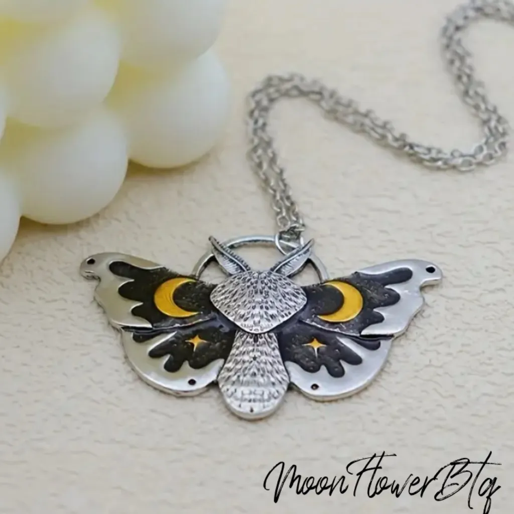 Silver Goth Moth Moon Star Pendant Necklace - Image 4