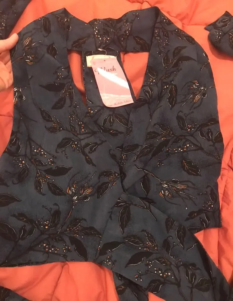 Navy Patterned Tie Crop Shirt Blue - Image 5