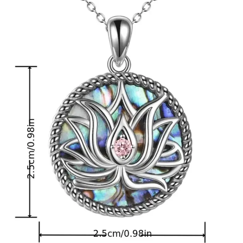 Abalone Shell Lotus Flower CZ Pendant Necklace Silver - Image 4