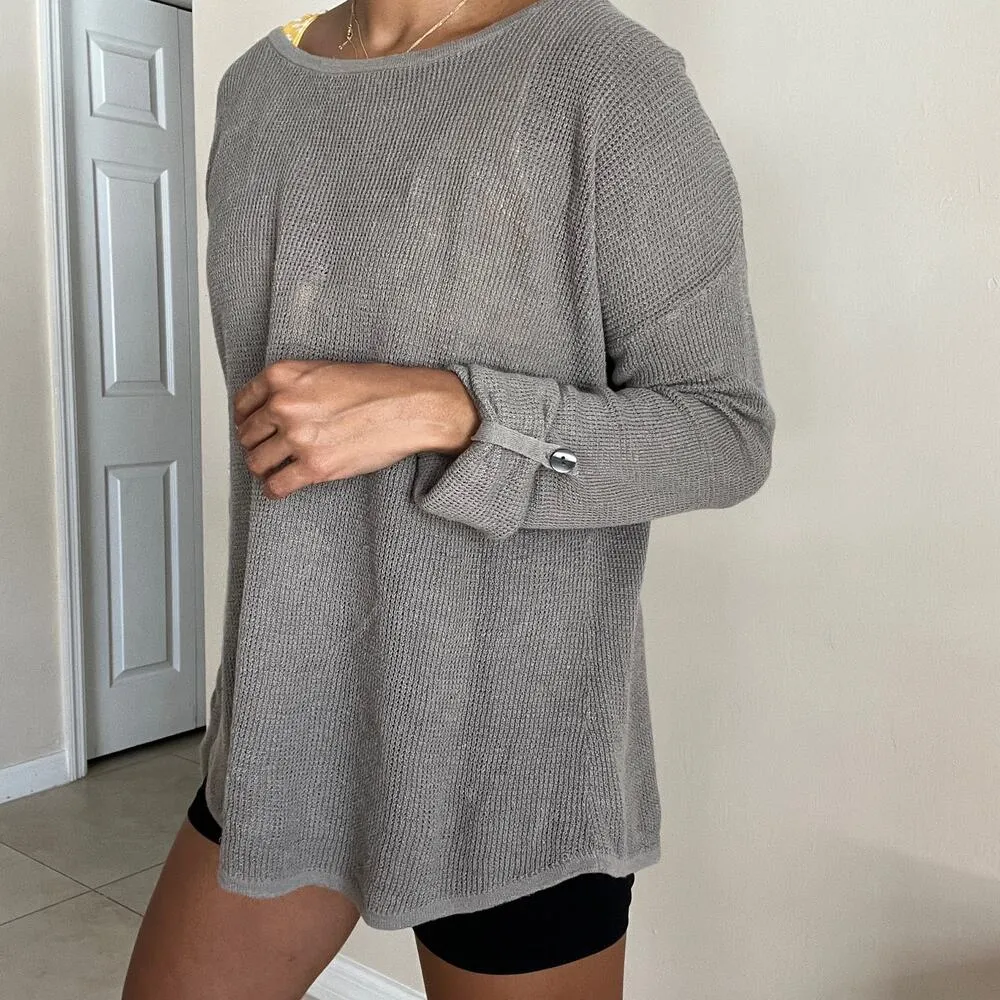 Max Studio Gray Crewneck Knit Pullover Sweater Back Buttons Linen Blend Size L - Image 13