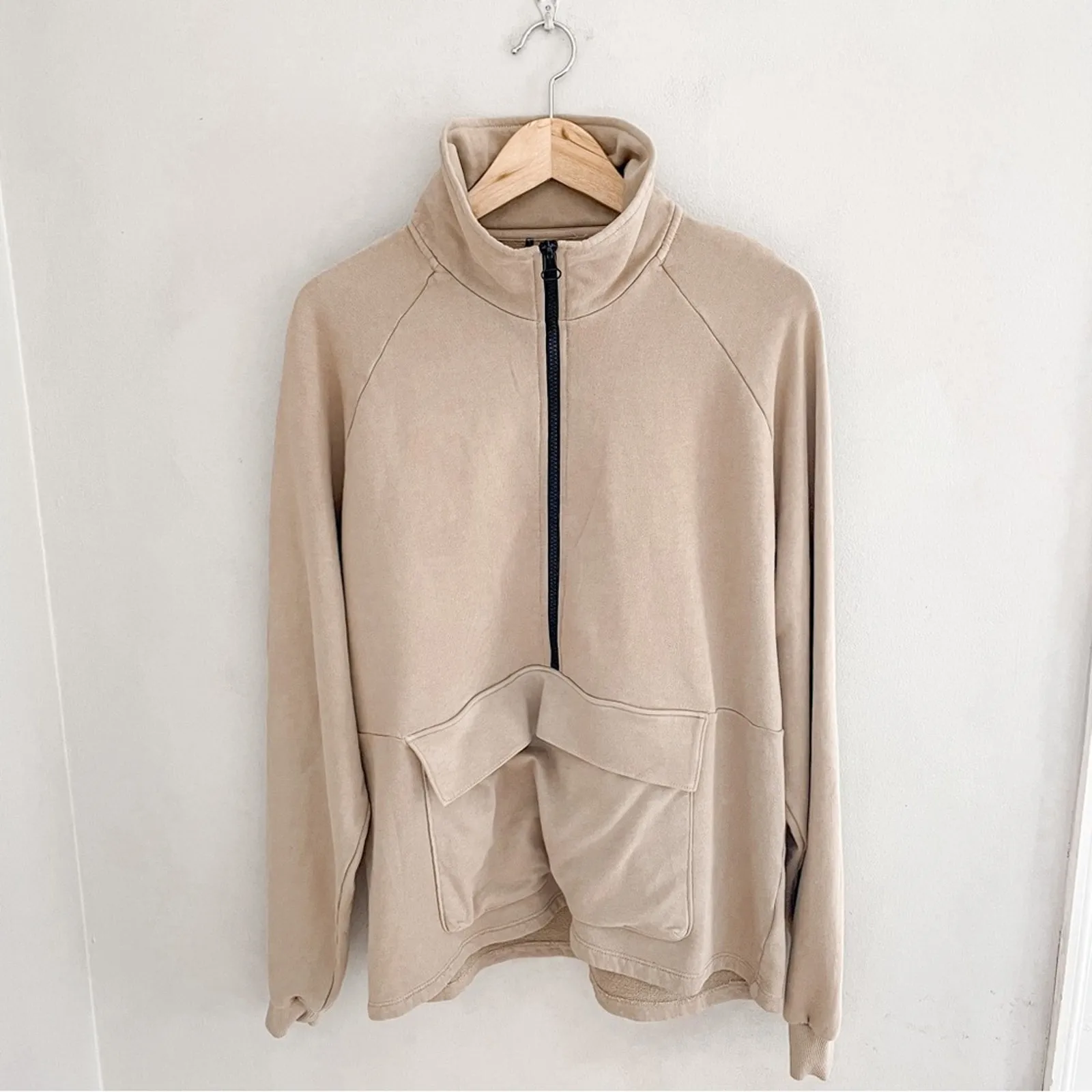 The Range NYC Half Zip Cotton Terry Sweatshirt Tan - Image 3