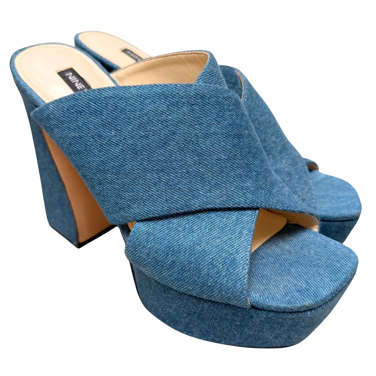 Women's Nine West Denim Blue Girlz Platform Dress Mule Sandals Block Heels - 8.5 - Image 2