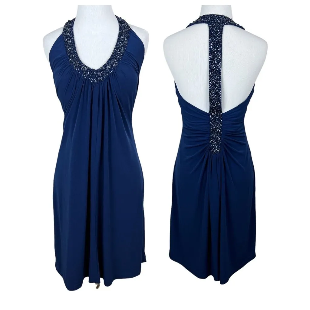 Alex Evenings Dress 4P Navy Blue Pleated Beaded Halter V-Neck Padded Bust Party - Image 2