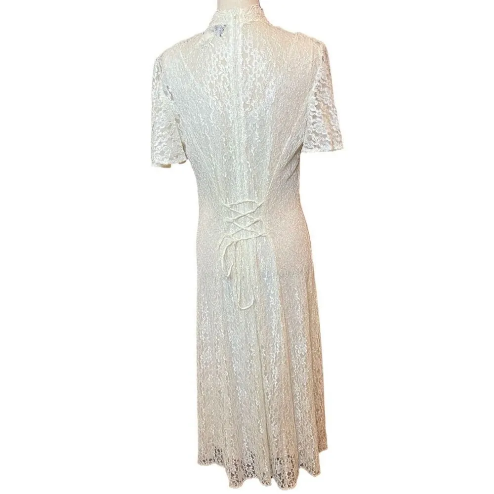Vtg 70s/80 Dawn Joy Fashions Lace Sweetheart Key Hole Corset Tie Back Dress Sz M White Size M - Image 3