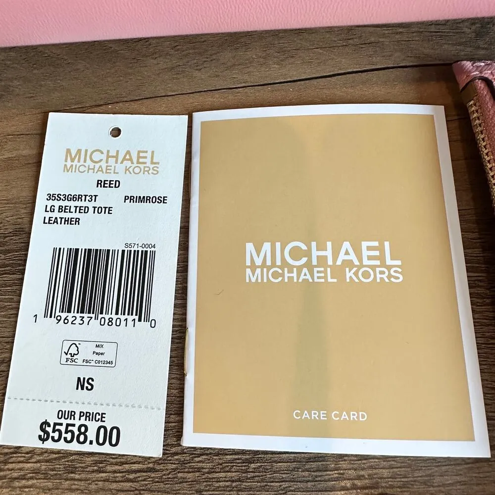 Michael Kors NEW Reed Primrose Leather Belted Tote Pink Bag & Cardholder Wallet - Image 4