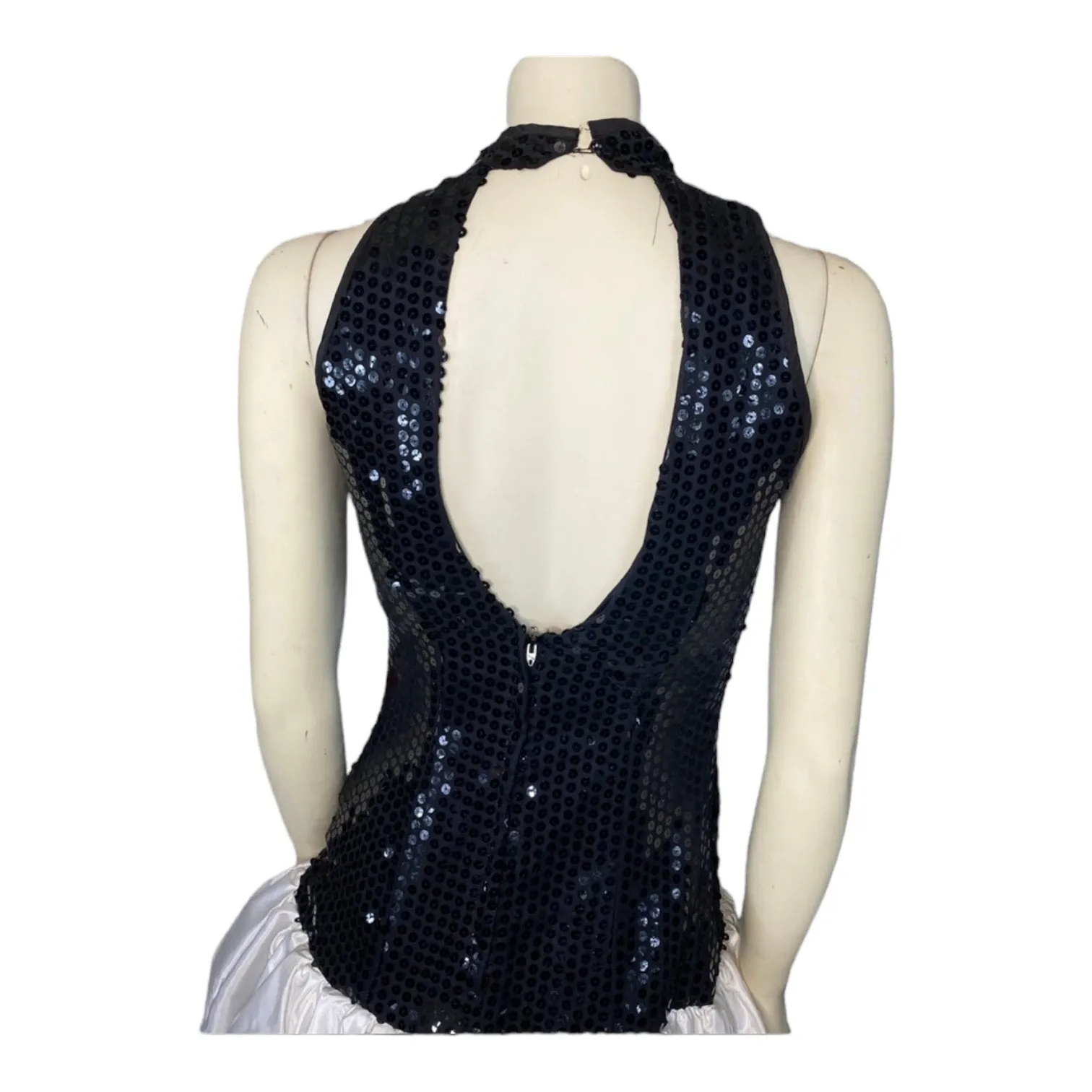 80s Dave & Johnny Sequin Halter Bubble Hem Open back Dress Black & White Medium - Image 10