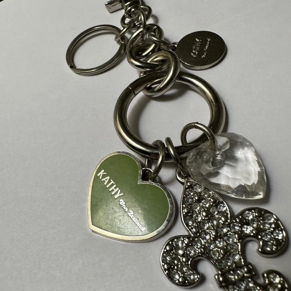 Keychain Katy Von Zeeland Silver Tone Green Enamel Heart Rhinestone Fleur De Lis - Image 2