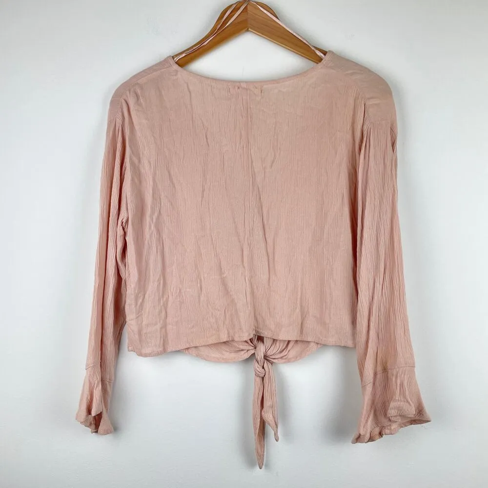 Billabong Pale Pink Cropped Tie Front Shirt with Buttons Ruffle Sleeves- Size S - Image 2