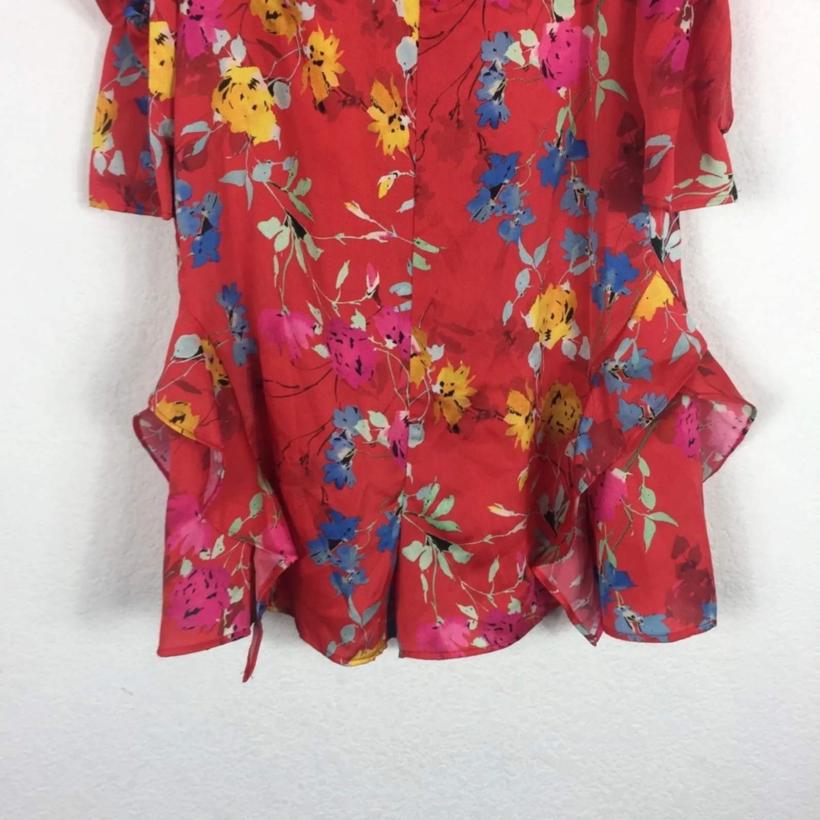NWT Zara Satin Romper Small Red Japanese Floral Ruffle Puff Sleeve Ruched - Image 10