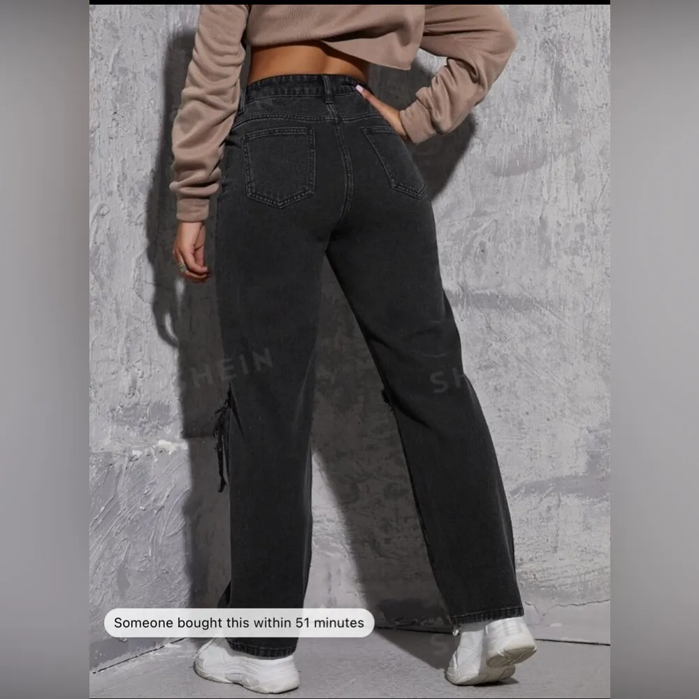 SHEIN EZwear High Waist Ripped Straight Leg Jeans Size XS (2) Black Denim - Image 2