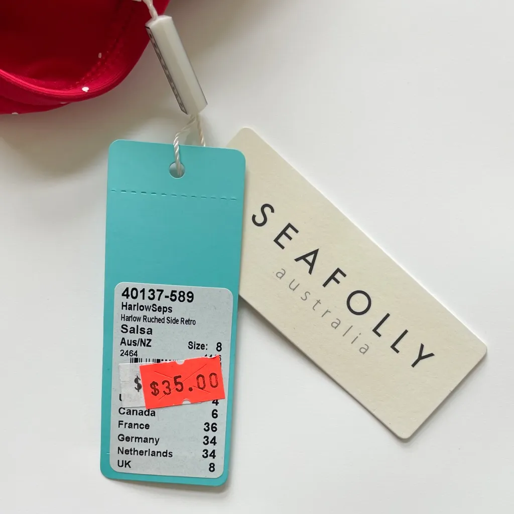 Seafolly Red Off White Polka Dot Harlow Ruched Side Retro Bikini Bottoms 4 NWT - Image 8