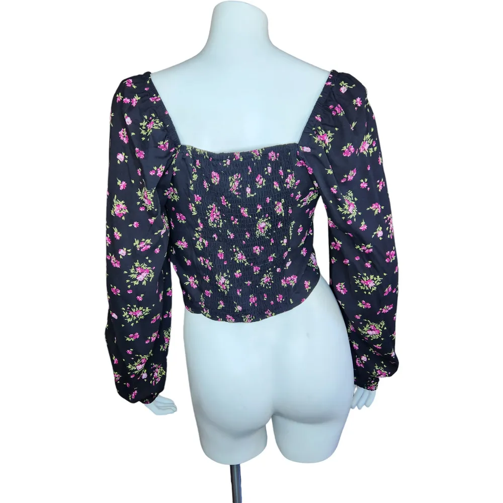 Vero Moda Womens Medium VMANNA Long Sleeve Crop Top Black Pink Floral Smock NWT - Image 7