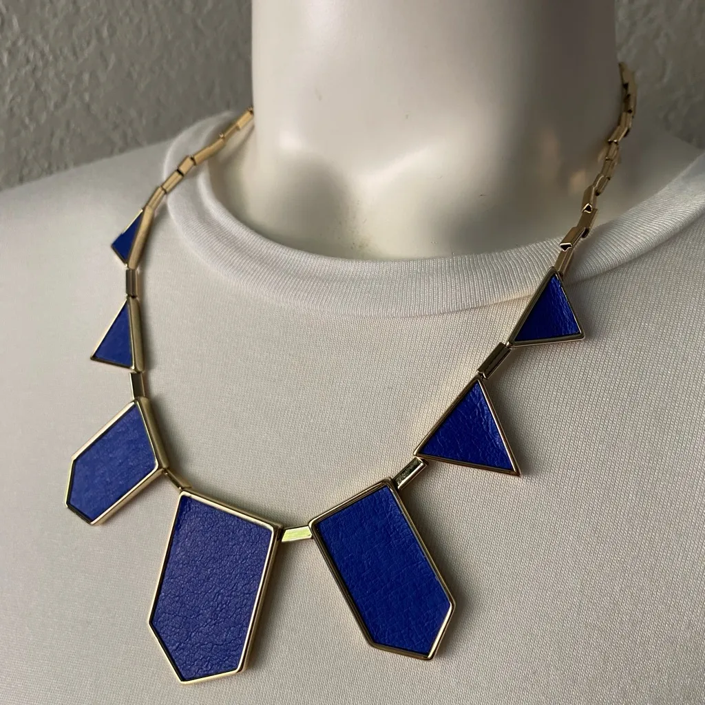 NEW $75 House of Harlow Cobalt Blue Leather Gold Statement Designer Necklace - Image 2